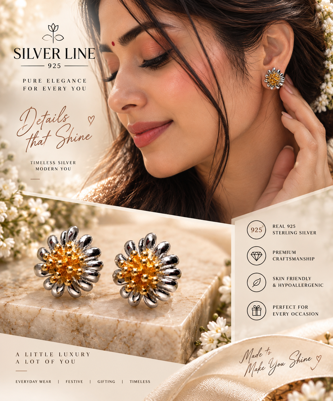 Golden Blossom 92.5 Sterling Silver Dual-Tone Stud Earrings