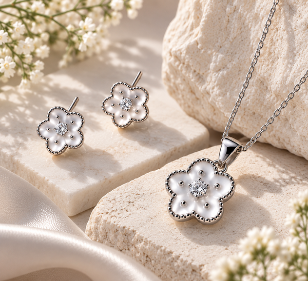 Blooming Pearl-White Petal 92.5 Sterling Silver Pendant Set
