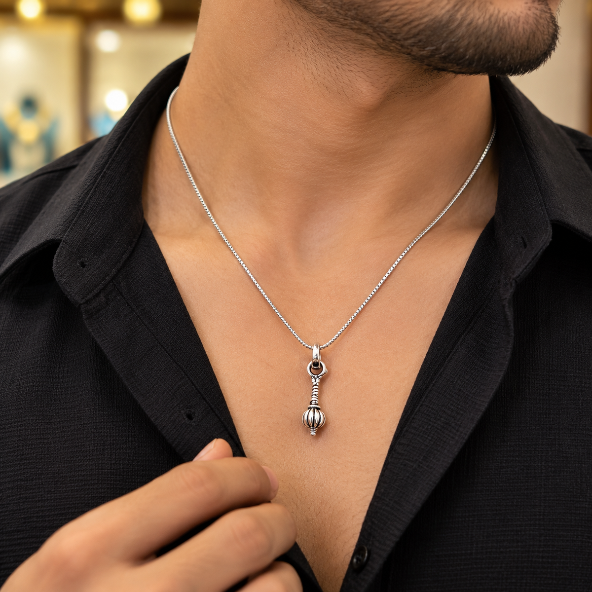 Hanuman Gada Silver Pendant Chain