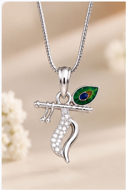 Silver 925 – Radha Krishna Flute & Peacock Feather Pendant