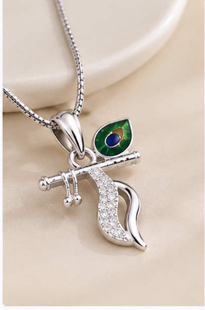 Silver 925 – Radha Krishna Flute & Peacock Feather Pendant