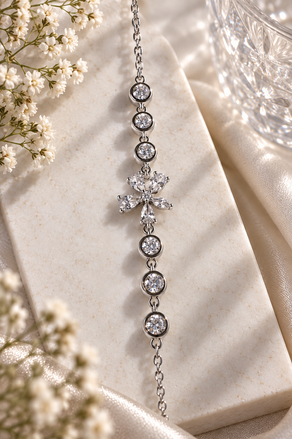Floral CZ Station 925 Silver Bracelet