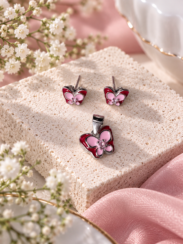 Pink Butterfly 925 Silver Pendant Set