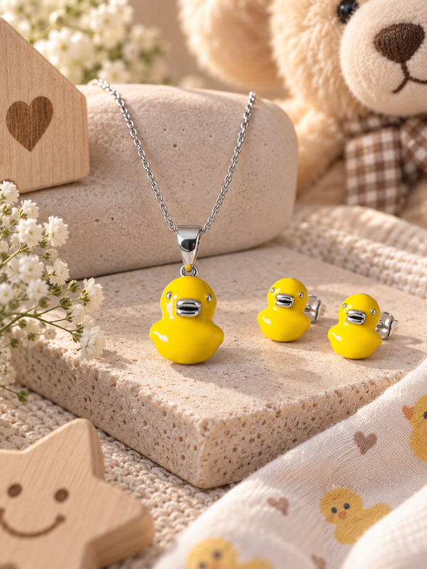 Cute Duck 925 Sterling Silver Pendant & Earrings Set