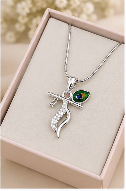 Silver 925  – Radha Krishna Flute & Peacock Feather Pendant